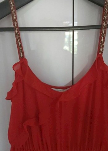 Kırmızı, Askılı, V Yaka Elbise - Görsel 4