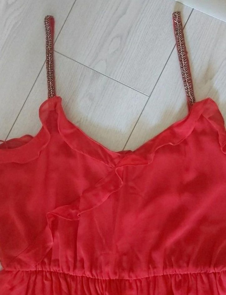 Kırmızı, Askılı, V Yaka Elbise - Görsel 5