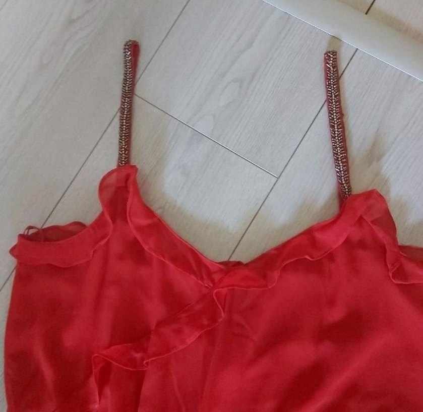 Kırmızı, Askılı, V Yaka Elbise - Görsel 3