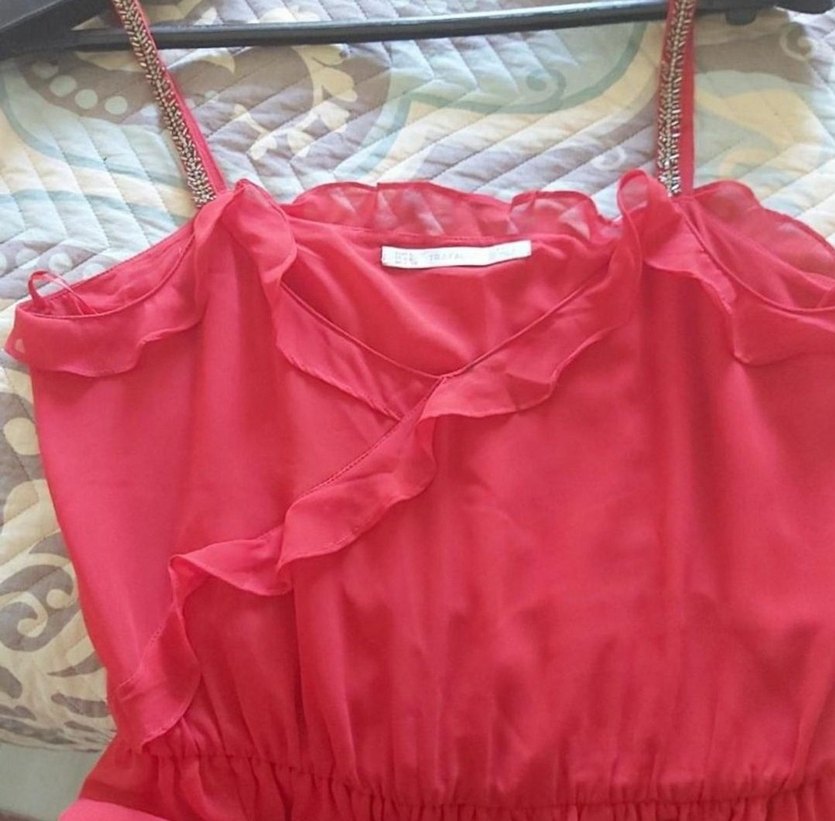 Kırmızı, Askılı, V Yaka Elbise - Görsel 2