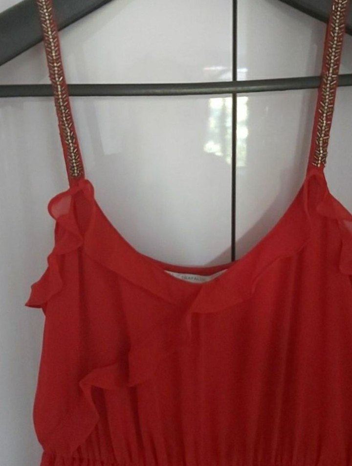 Kırmızı, Askılı, V Yaka Elbise - Görsel 4