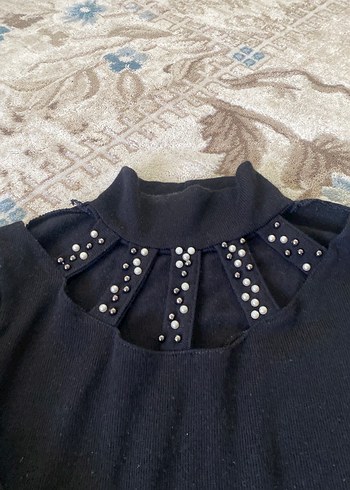 İnci Detaylı Siyah Triko Kadın Kazak - Görsel 2