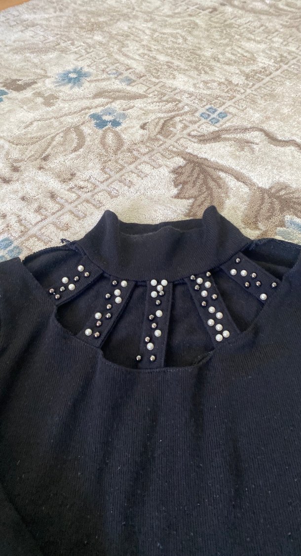 İnci Detaylı Siyah Triko Kadın Kazak - Görsel 2