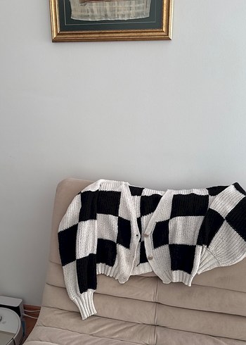 Ekose Desenli Örgü Kadın Hırka - Görsel 2