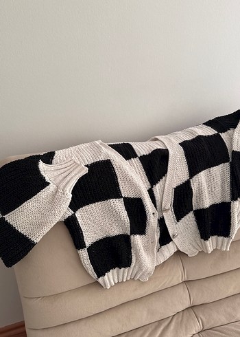 Ekose Desenli Örgü Kadın Hırka - Görsel 4