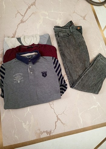 tek beden Beden Gri Çizgili Kollu Erkek Polo Tişört
