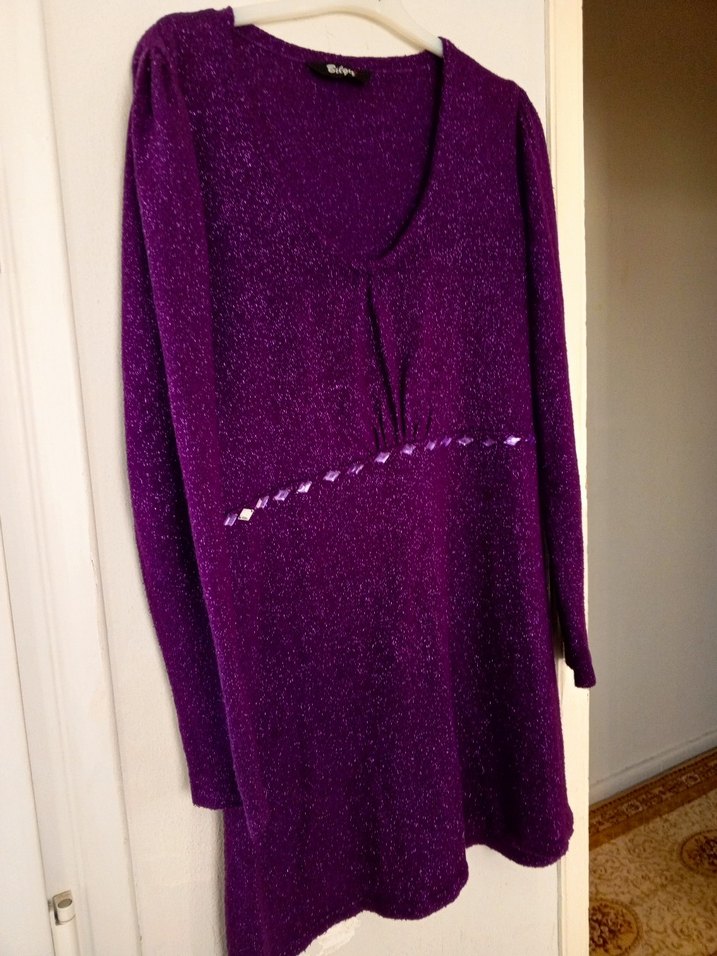 Parlak Mor V Yaka Uzun Kollu Triko Kazak - Görsel 3