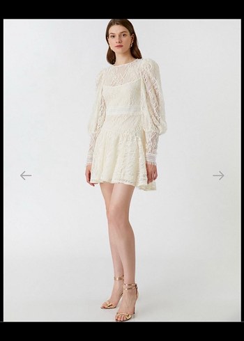 Uzun Kollu Vintage Mini Gelinlik koton krem - Görsel 3