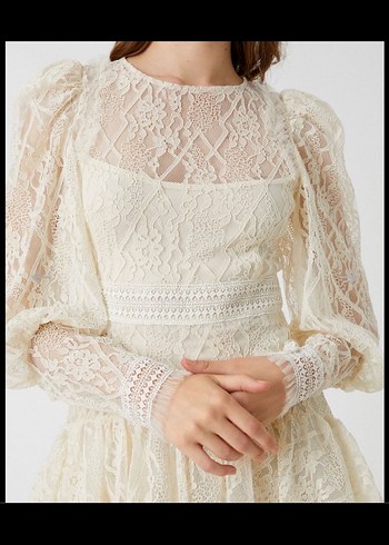 Uzun Kollu Vintage Mini Gelinlik koton krem - Görsel 5