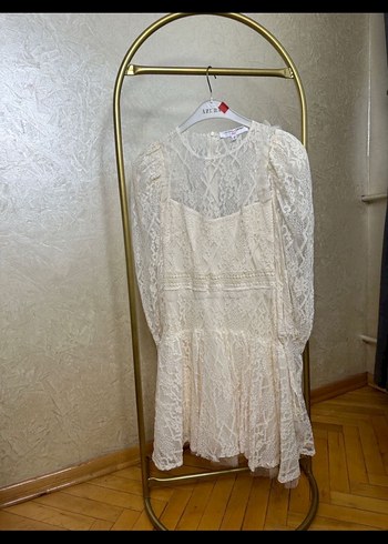 Uzun Kollu Vintage Mini Gelinlik koton krem - Görsel 7