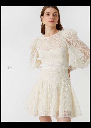 Uzun Kollu Vintage Mini Gelinlik koton krem - Görsel 2