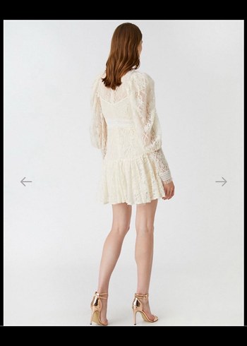 Uzun Kollu Vintage Mini Gelinlik koton krem - Görsel 4