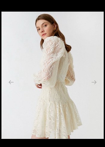 Uzun Kollu Vintage Mini Gelinlik koton krem - Görsel 6