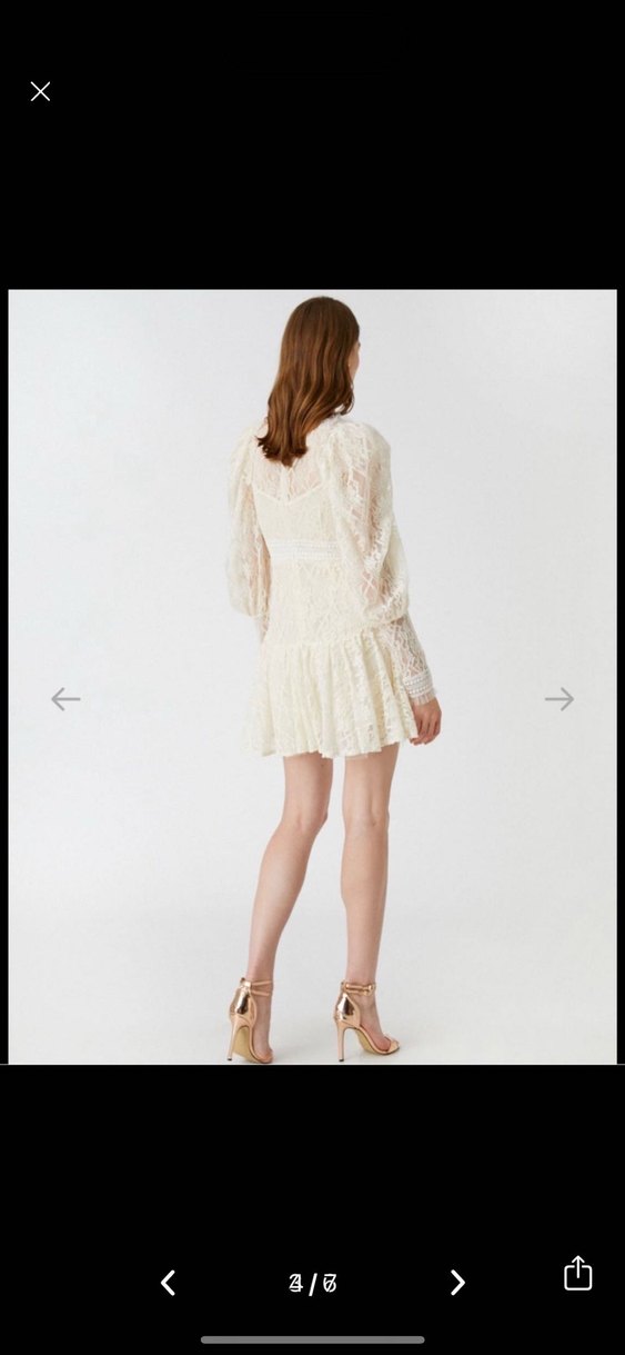 Uzun Kollu Vintage Mini Gelinlik koton krem - Görsel 4