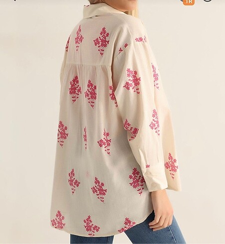 Krem keten çiçekli gömlek - Görsel 8