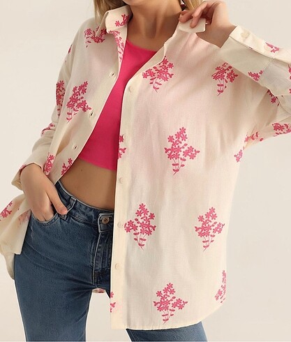 Krem keten çiçekli gömlek - Görsel 7