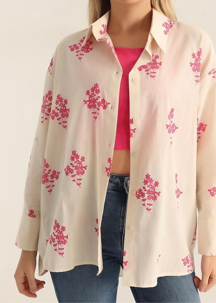 Krem keten çiçekli gömlek - Görsel 4