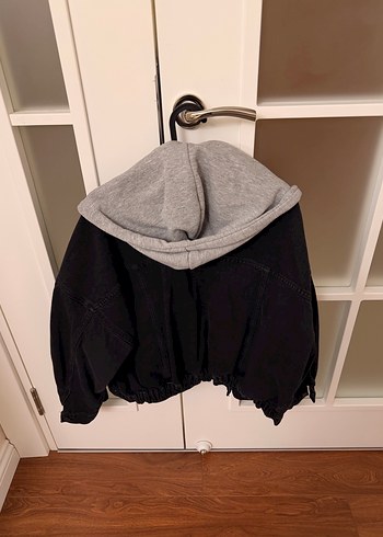 Gri Kapüşonlu (kapişonu ayrılabilen) Siyah Kot Ceket - Görsel 2