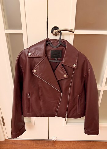 Bordo Kadın Deri Biker Ceket - Görsel 2