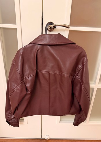 Bordo Kadın Deri Biker Ceket - Görsel 3