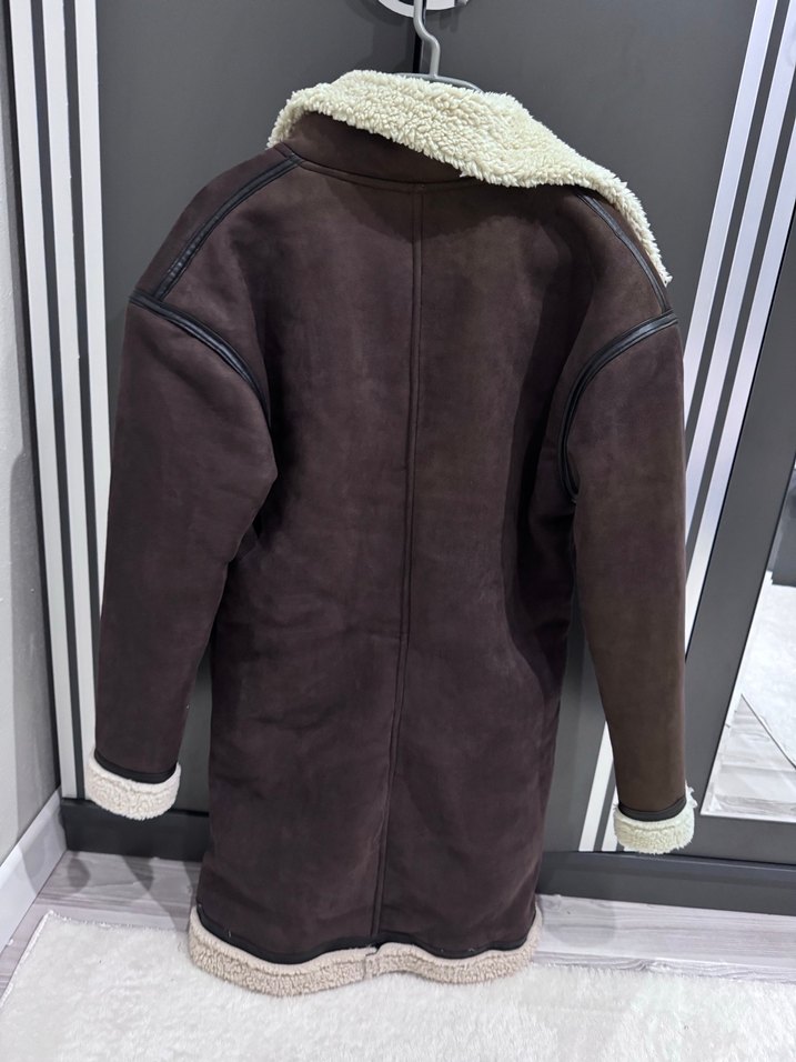 Kürk Detaylı Süet Kadın Kışlık Uzun Ceket - Görsel 2