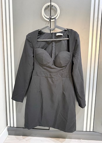 V Yaka, Uzun Kollu Gri Midi Elbise - Görsel 2