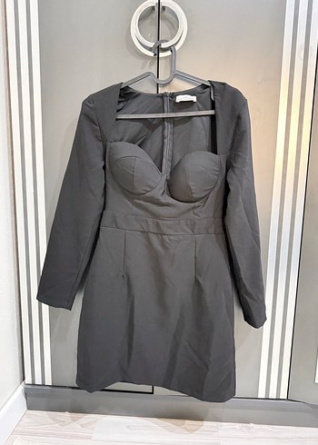 V Yaka, Uzun Kollu Gri Midi Elbise - Görsel 3