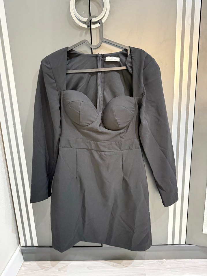 V Yaka, Uzun Kollu Gri Midi Elbise - Görsel 5