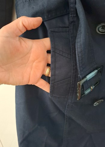 Düğmeli Lacivert Denim Midi Trençkot - Görsel 11