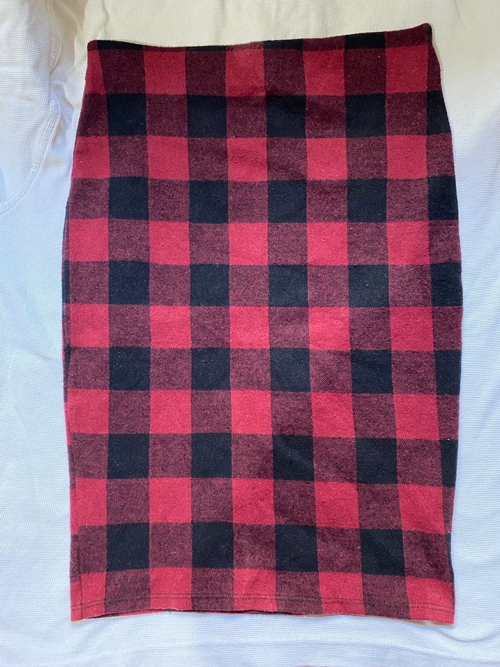 Kırmızı Siyah Kareli Midi Triko Etek - Görsel 2