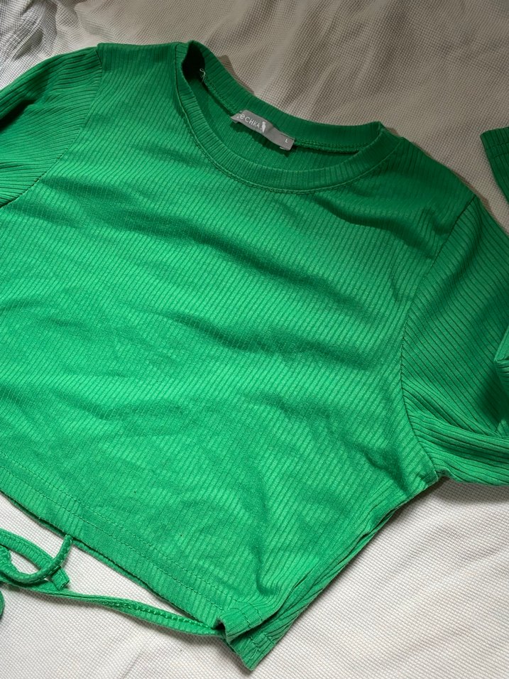 Yeşil Uzun Kollu Kadın Crop Top - Görsel 2