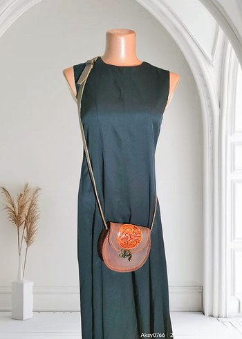 %100 orjinal Kahverengi Deri Vintage Kadın Çapraz Çanta - Görsel 2