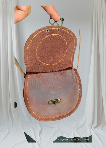 %100 orjinal Kahverengi Deri Vintage Kadın Çapraz Çanta - Görsel 3