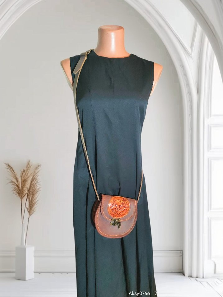 %100 orjinal Kahverengi Deri Vintage Kadın Çapraz Çanta - Görsel 2