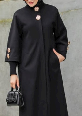 Düğmeli Siyah Uzun Kadın Kaban - Görsel 2