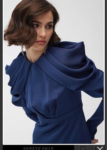 Manu Atelier Navy Drapeli Uzun Kollu Kadın Elbise
