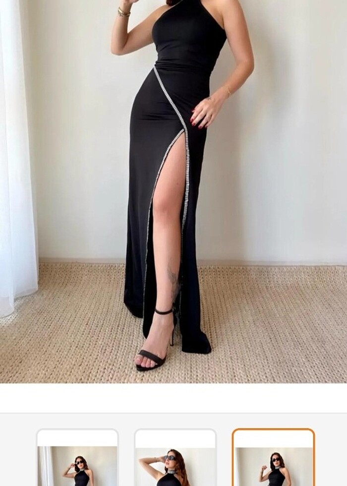 Taşlı siyah yırtmaçlı abiye - Görsel 2