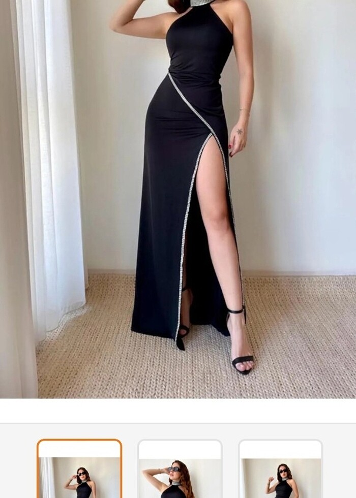 Taşlı siyah yırtmaçlı abiye - Görsel 3