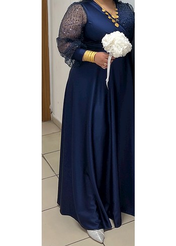 Drapeli Parlak Lacivert Uzun Abiye Elbise - Görsel 6