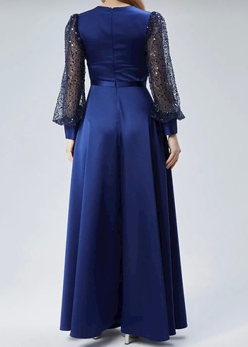 Drapeli Parlak Lacivert Uzun Abiye Elbise - Görsel 5