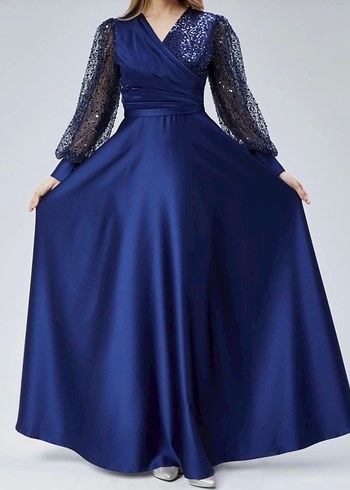 Drapeli Parlak Lacivert Uzun Abiye Elbise - Görsel 4