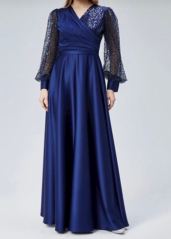 Drapeli Parlak Lacivert Uzun Abiye Elbise - Görsel 2