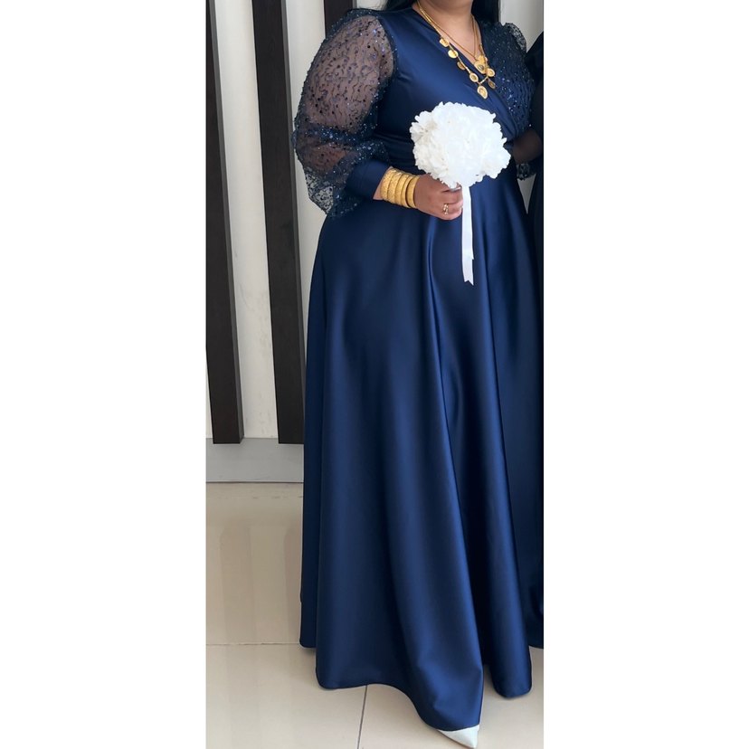 Drapeli Parlak Lacivert Uzun Abiye Elbise - Görsel 3