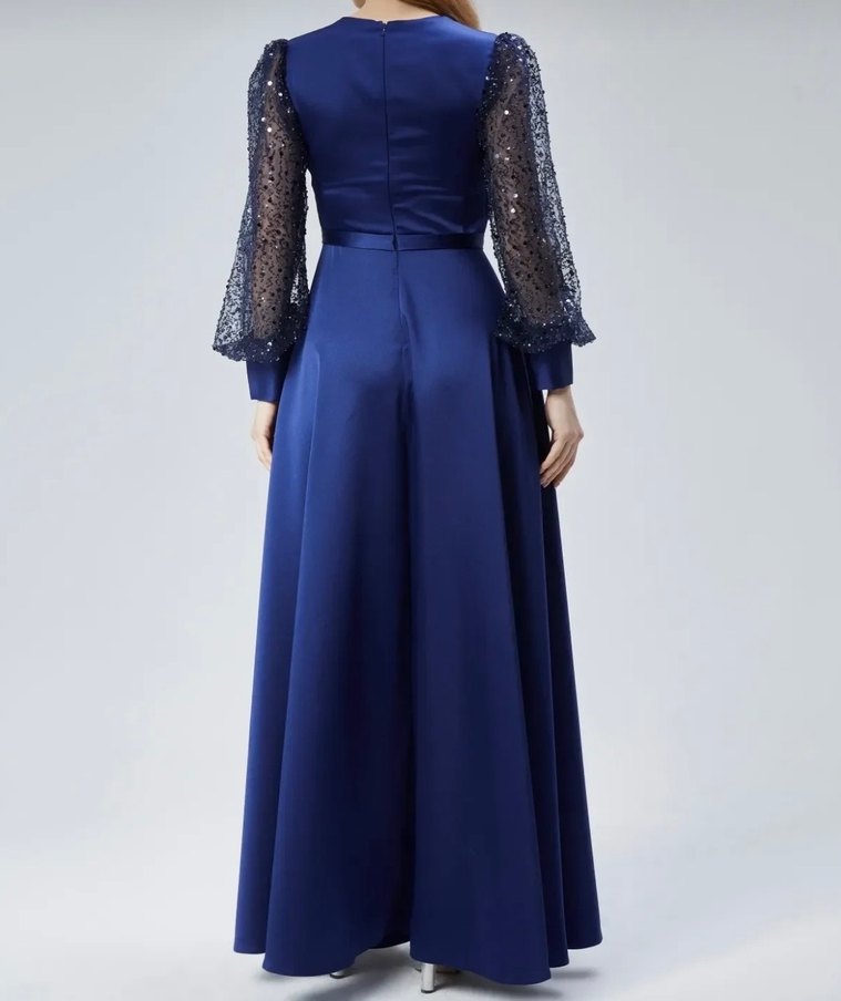 Drapeli Parlak Lacivert Uzun Abiye Elbise - Görsel 5