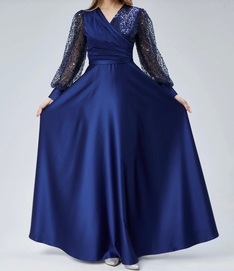 Drapeli Parlak Lacivert Uzun Abiye Elbise - Görsel 4