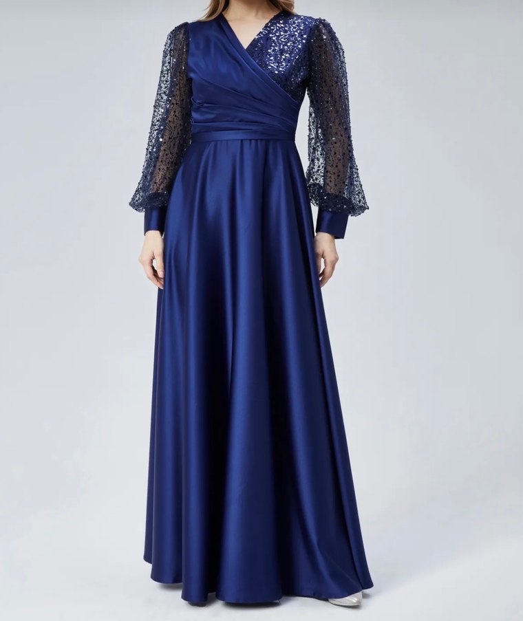 Drapeli Parlak Lacivert Uzun Abiye Elbise - Görsel 2