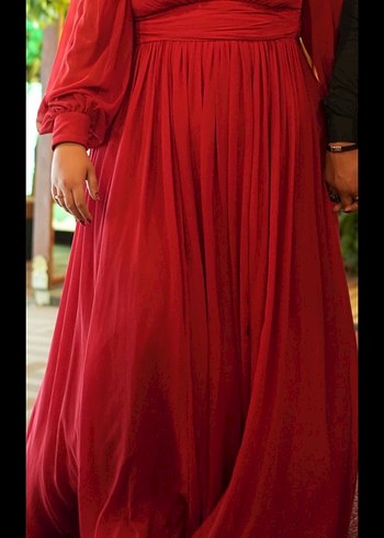 Kırmızı V Yaka Uzun Drapeli Abiye Elbise - Görsel 2