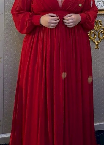 Kırmızı V Yaka Uzun Drapeli Abiye Elbise - Görsel 3