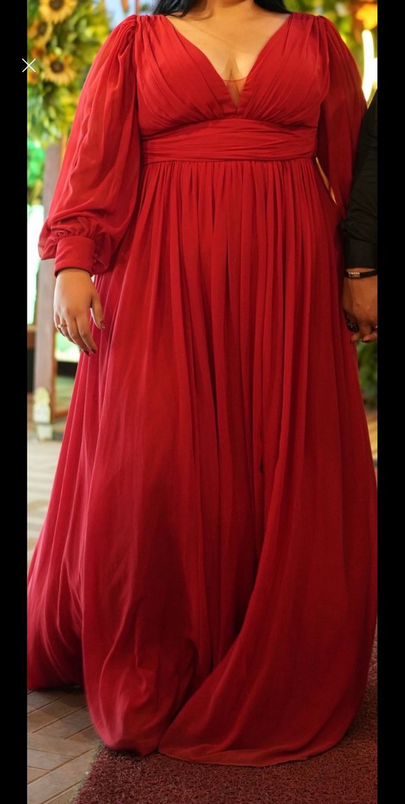 Kırmızı V Yaka Uzun Drapeli Abiye Elbise - Görsel 2