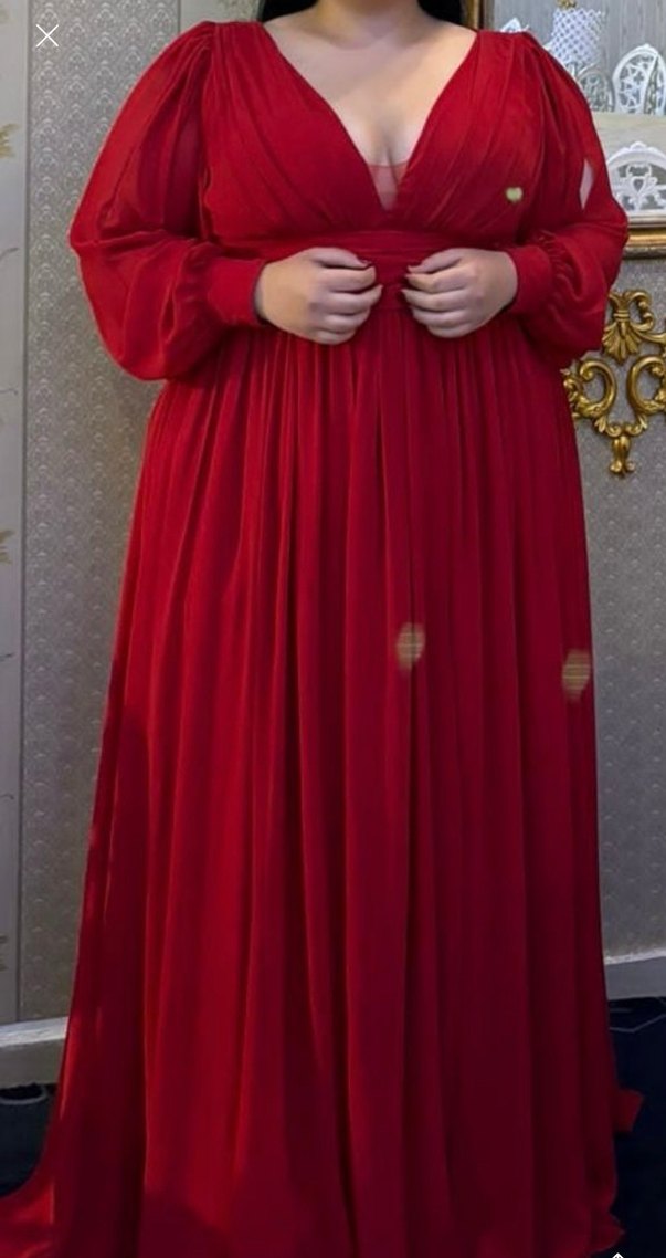 Kırmızı V Yaka Uzun Drapeli Abiye Elbise - Görsel 3